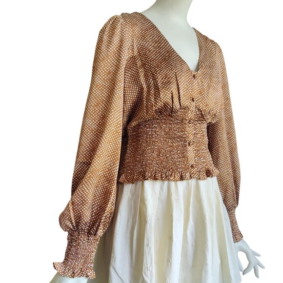 LUCY Paris Nadia Carmel Brown Cream Polka Dot Smocked Waist Wrist Top Sz M NWT - Picture 3 of 11